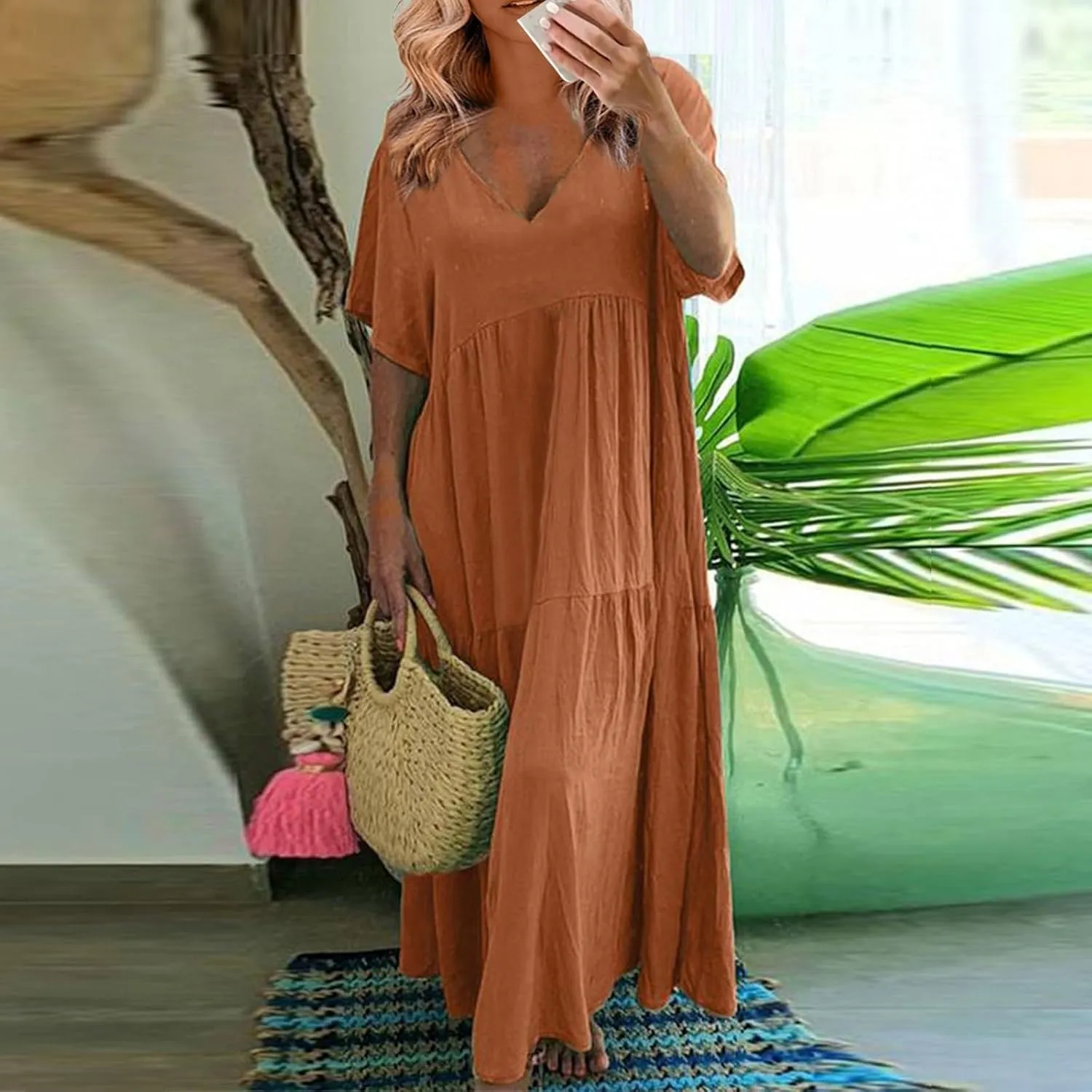 Linen Dress Womens Maxi Dresses 2025 Summer Short Sleeve V Neck Plain Smocked Flowy Long Beach Vacation Sundresses