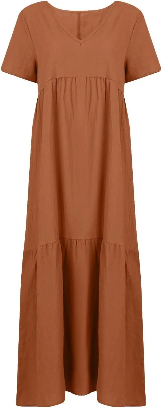 Linen Dress Womens Maxi Dresses 2025 Summer Short Sleeve V Neck Plain Smocked Flowy Long Beach Vacation Sundresses