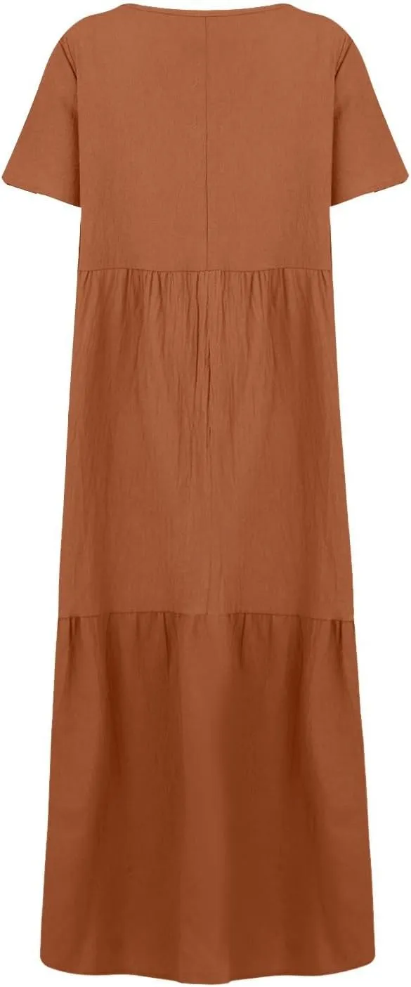 Linen Dress Womens Maxi Dresses 2025 Summer Short Sleeve V Neck Plain Smocked Flowy Long Beach Vacation Sundresses