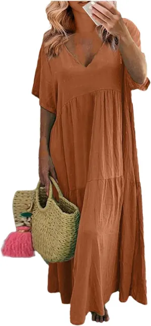 Linen Dress Womens Maxi Dresses 2025 Summer Short Sleeve V Neck Plain Smocked Flowy Long Beach Vacation Sundresses