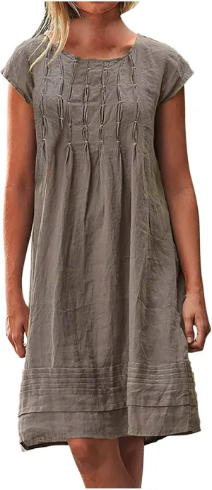 Linen Dresses for Women 2024 Short Sleeve Mini Dress Pleated Boho Summer Causal Dresses Dressy Causal T Shirt Dresses