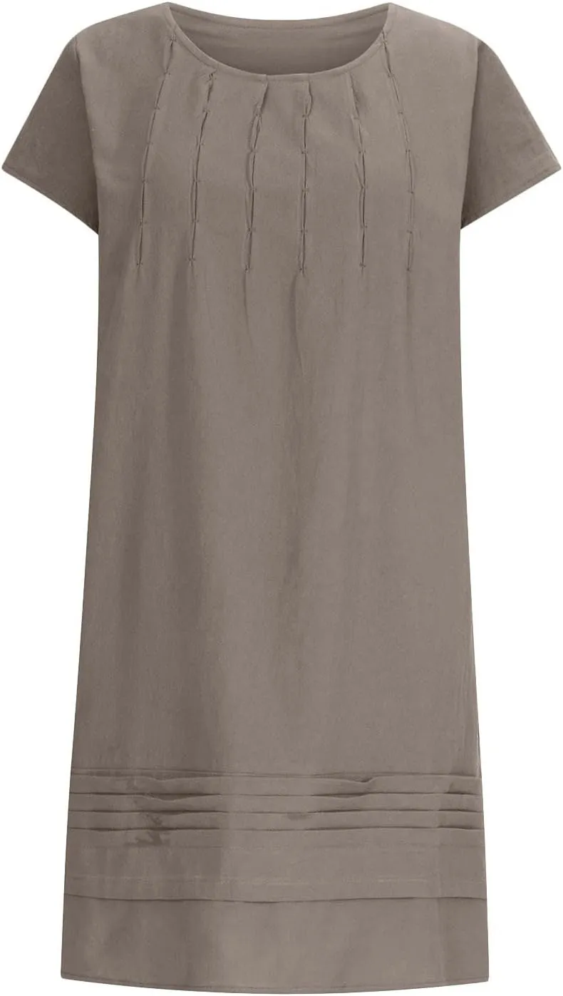 Linen Dresses for Women 2024 Short Sleeve Mini Dress Pleated Boho Summer Causal Dresses Dressy Causal T Shirt Dresses