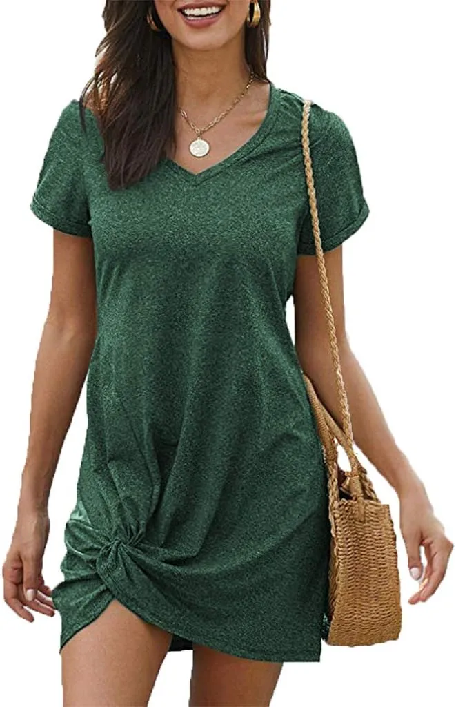 Locryz Women's Summer Twist Knot Tshirt Dresses Casual V Neck Short Sleeve Knot Dress