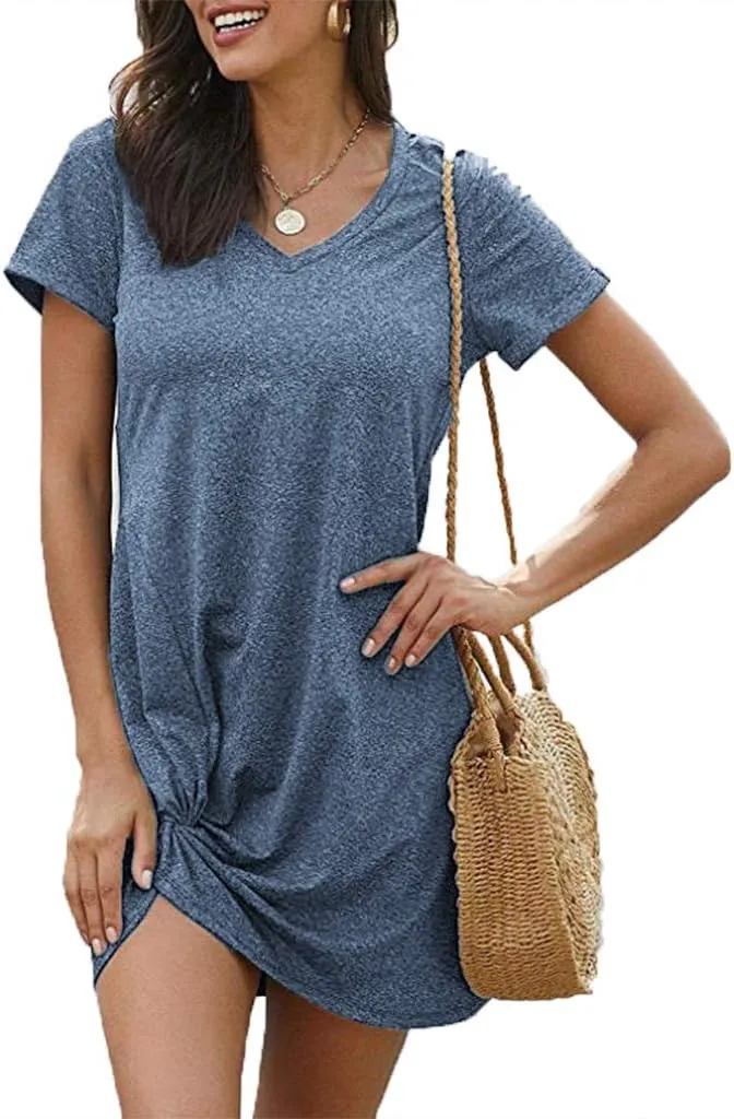 Locryz Women's Summer Twist Knot Tshirt Dresses Casual V Neck Short Sleeve Knot Dress