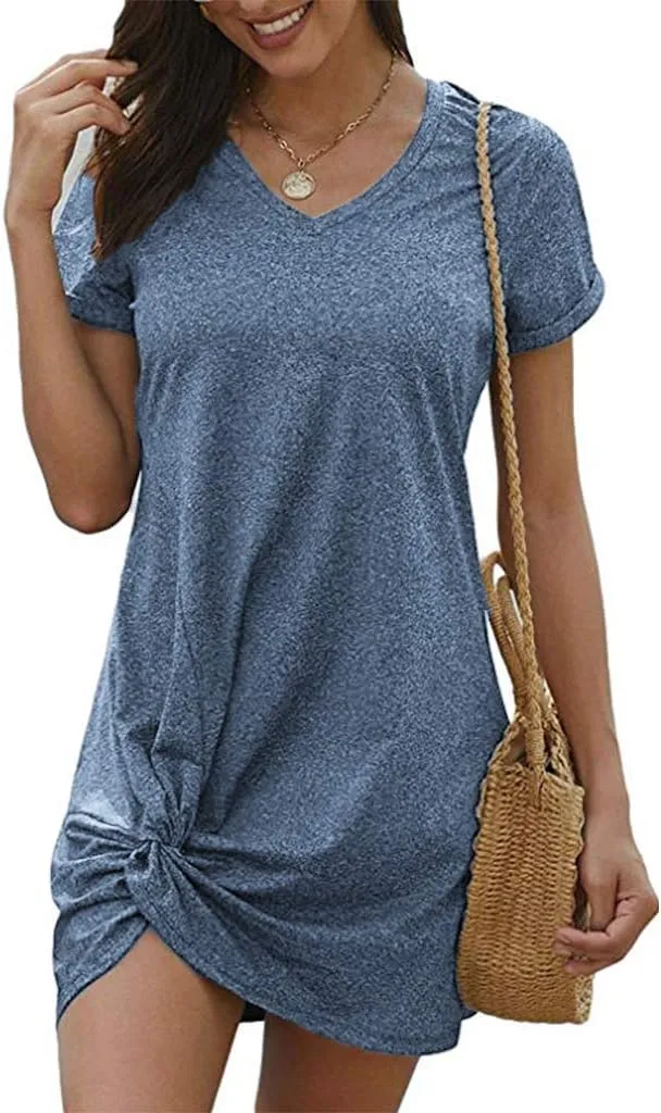 Locryz Women's Summer Twist Knot Tshirt Dresses Casual V Neck Short Sleeve Knot Dress