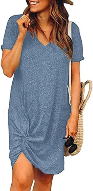 Locryz Women's Summer Twist Knot Tshirt Dresses Casual V Neck Short Sleeve Knot Dress