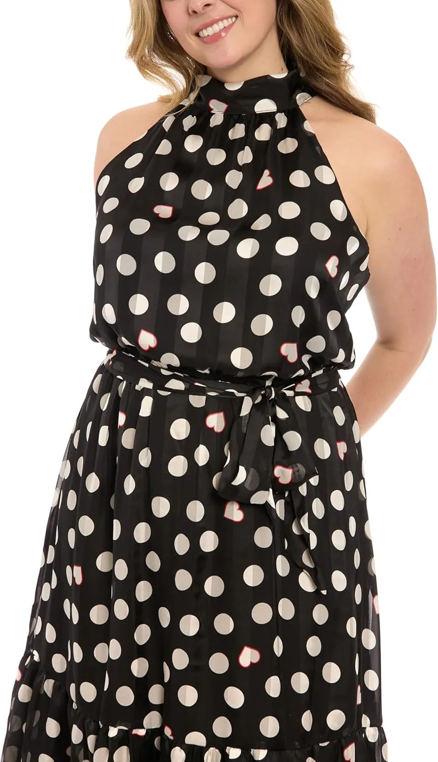 London Times Women's Elastic Waist Halter Dress with Tier and Sash