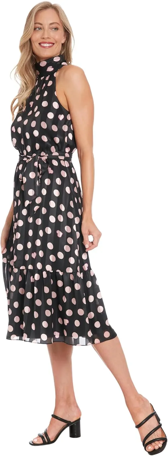 London Times Women's Elastic Waist Halter Dress with Tier and Sash
