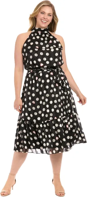 London Times Women's Elastic Waist Halter Dress with Tier and Sash