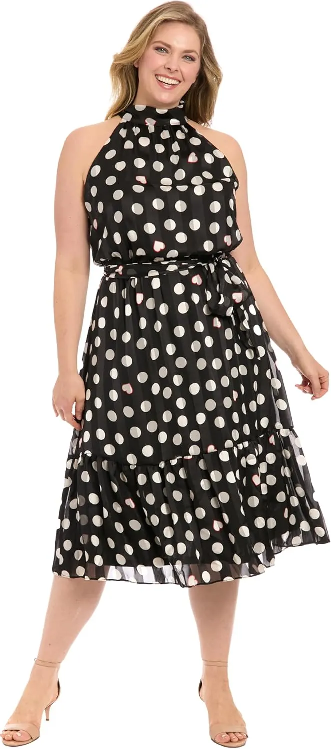 London Times Women's Elastic Waist Halter Dress with Tier and Sash