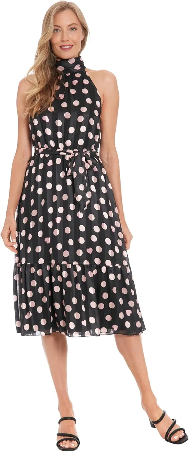London Times Women's Elastic Waist Halter Dress with Tier and Sash
