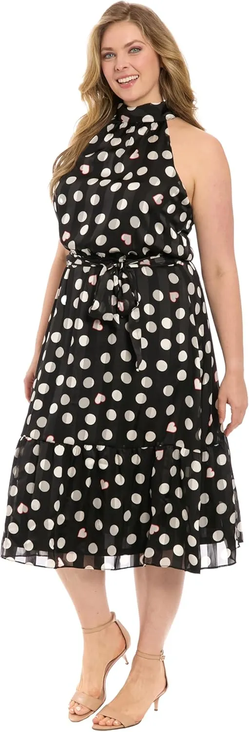 London Times Women's Elastic Waist Halter Dress with Tier and Sash