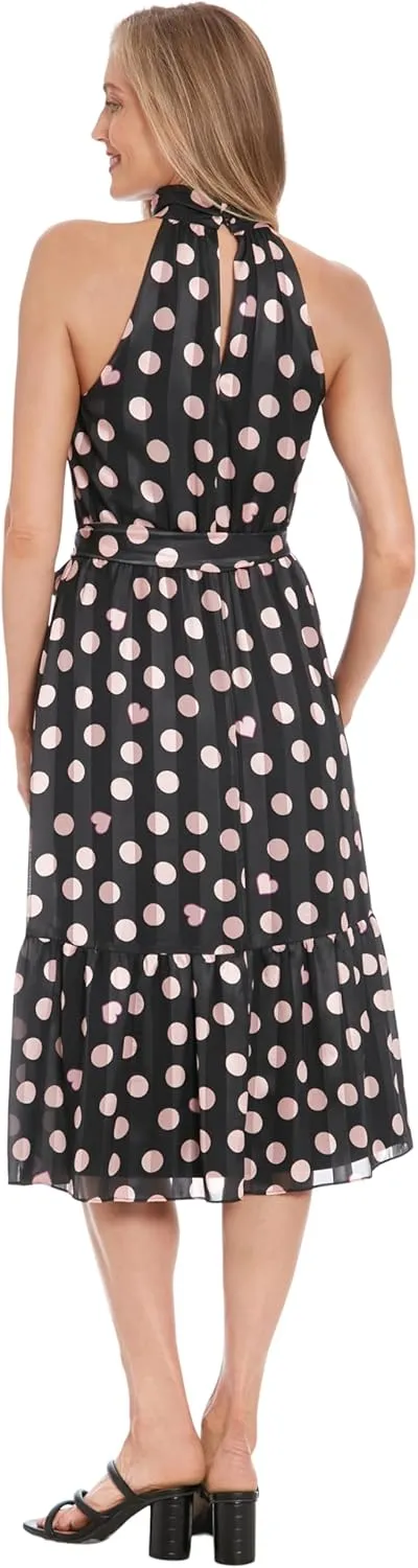 London Times Women's Elastic Waist Halter Dress with Tier and Sash