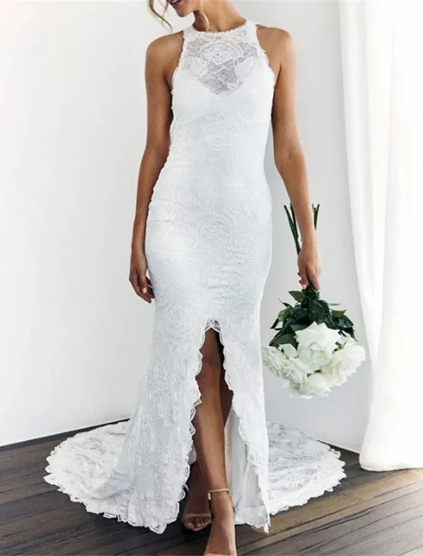 Luolandi Beach Open Back Boho Wedding Dresses Mermaid / Trumpet Halter Neck Sleeveless Chapel Train Lace Bridal Gowns With Appliques Elegant