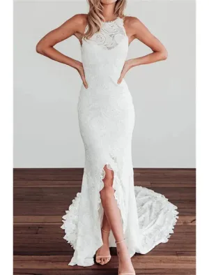 Luolandi Beach Open Back Boho Wedding Dresses Mermaid / Trumpet Halter Neck Sleeveless Chapel Train Lace Bridal Gowns With Appliques Elegant