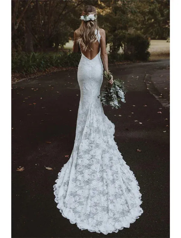 Luolandi Beach Open Back Boho Wedding Dresses Mermaid / Trumpet Halter Neck Sleeveless Chapel Train Lace Bridal Gowns With Appliques Elegant