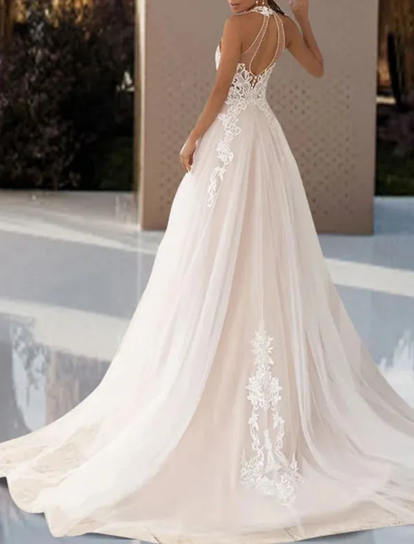 Luolandi Beach Open Back Wedding Dresses A-Line Halter Neck Sleeveless Court Train Lace Bridal Gowns With Pleats Appliques Ivory