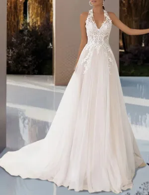 Luolandi Beach Open Back Wedding Dresses A-Line Halter Neck Sleeveless Court Train Lace Bridal Gowns With Pleats Appliques Ivory