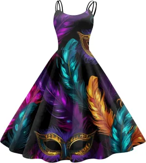 Mardi Gras Dress for Women Carnival Print Sexy Spaghetti Strap Cocktail Punk Vintage A-Line Swing Midi Dresses