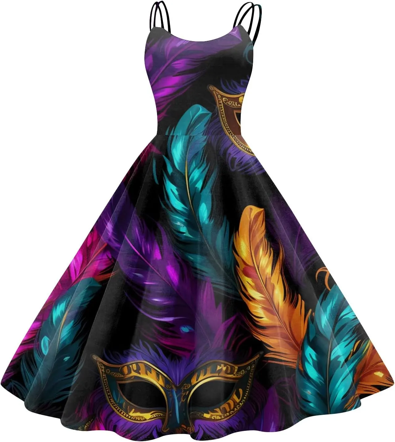 Mardi Gras Dress for Women Carnival Print Sexy Spaghetti Strap Cocktail Punk Vintage A-Line Swing Midi Dresses