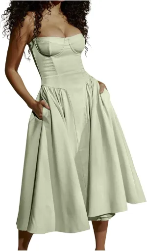 Maxi Dresses for Women 2025 Corset Dress Elegant Spaghetti Strap Bustier Midi Dress Flowy Formal Dresses