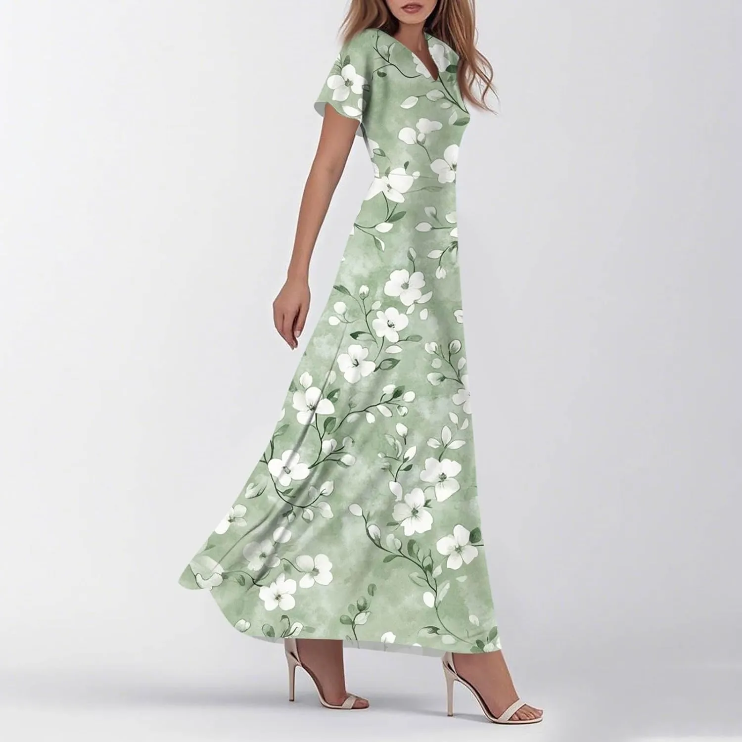 Maxi Dresses for Women 2025 Summer Ruffle Short Sleeve Floral Dress Flowy V Neck Spring Chiffon Maxi Dress Print Long Skirt