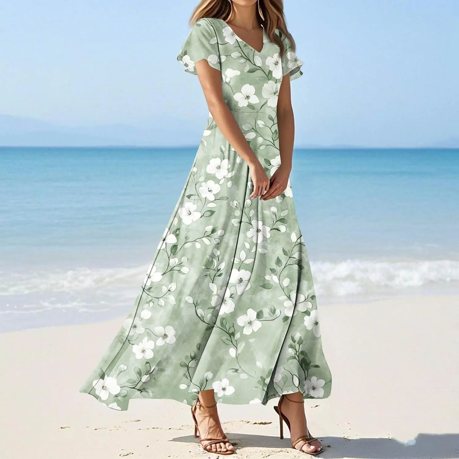 Maxi Dresses for Women 2025 Summer Ruffle Short Sleeve Floral Dress Flowy V Neck Spring Chiffon Maxi Dress Print Long Skirt