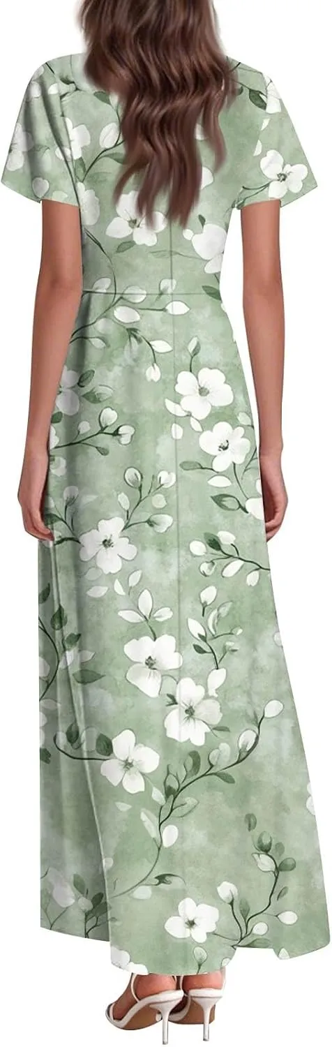 Maxi Dresses for Women 2025 Summer Ruffle Short Sleeve Floral Dress Flowy V Neck Spring Chiffon Maxi Dress Print Long Skirt