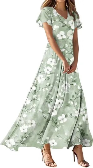 Maxi Dresses for Women 2025 Summer Ruffle Short Sleeve Floral Dress Flowy V Neck Spring Chiffon Maxi Dress Print Long Skirt