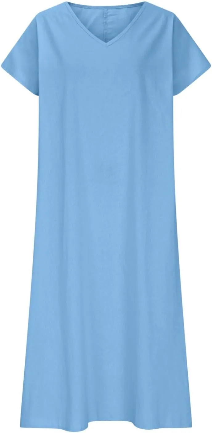Maxi Linen Dresses for Women 2025 Casual Summer Short Sleeve V Neck Gauze Dress Loose Long Flowy Dresses Vacation