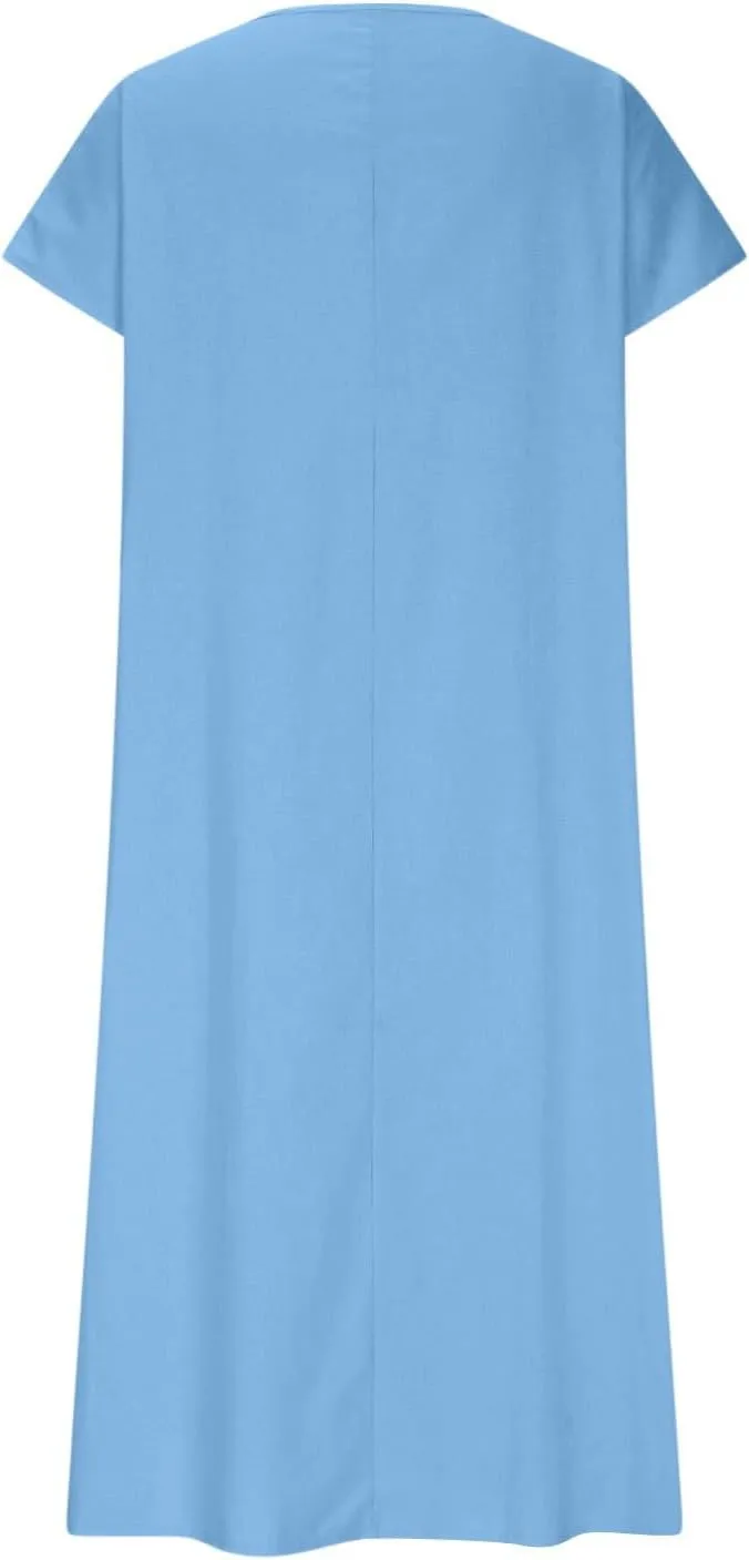 Maxi Linen Dresses for Women 2025 Casual Summer Short Sleeve V Neck Gauze Dress Loose Long Flowy Dresses Vacation