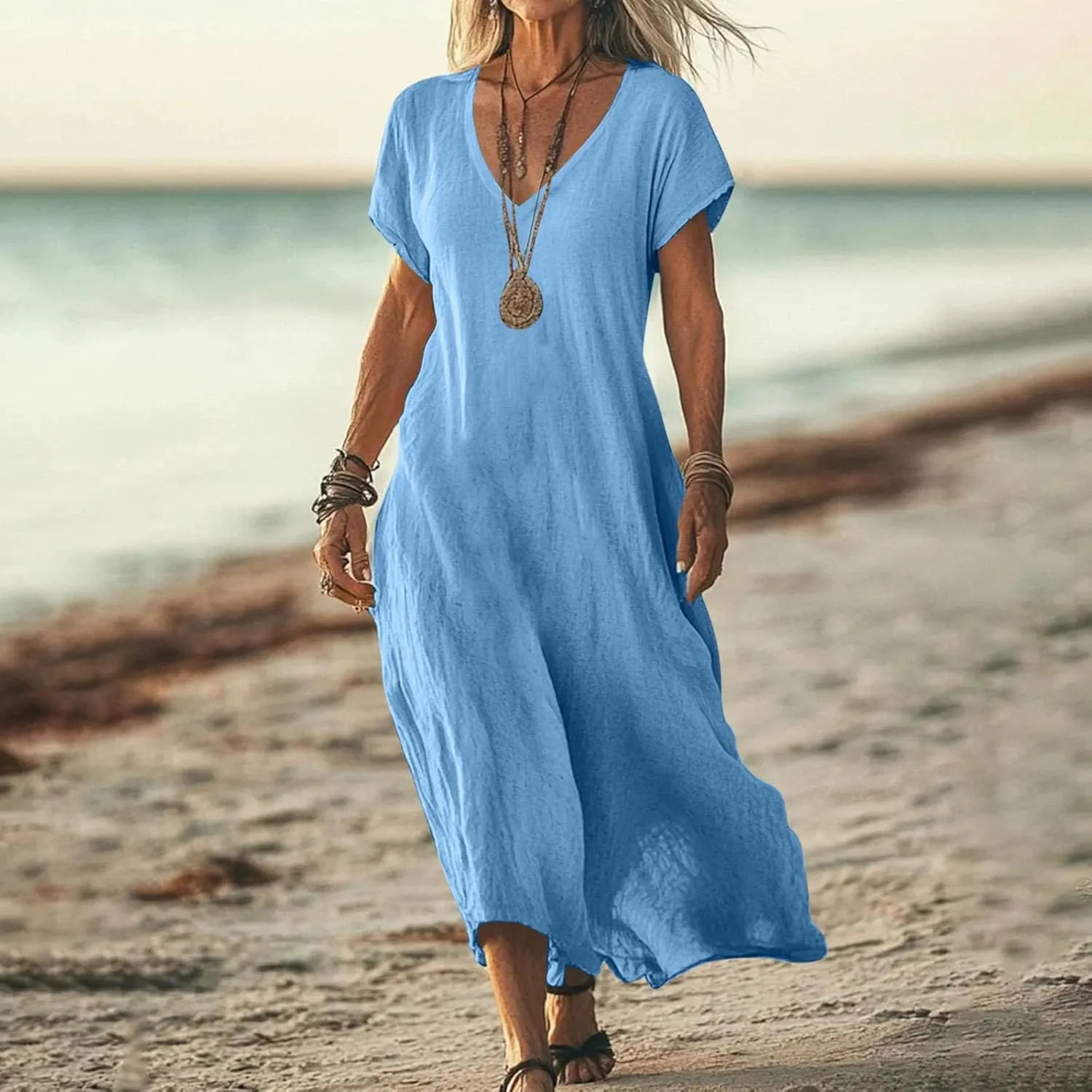 Maxi Linen Dresses for Women 2025 Casual Summer Short Sleeve V Neck Gauze Dress Loose Long Flowy Dresses Vacation
