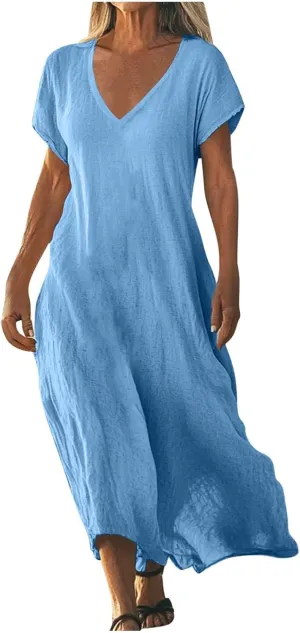 Maxi Linen Dresses for Women 2025 Casual Summer Short Sleeve V Neck Gauze Dress Loose Long Flowy Dresses Vacation