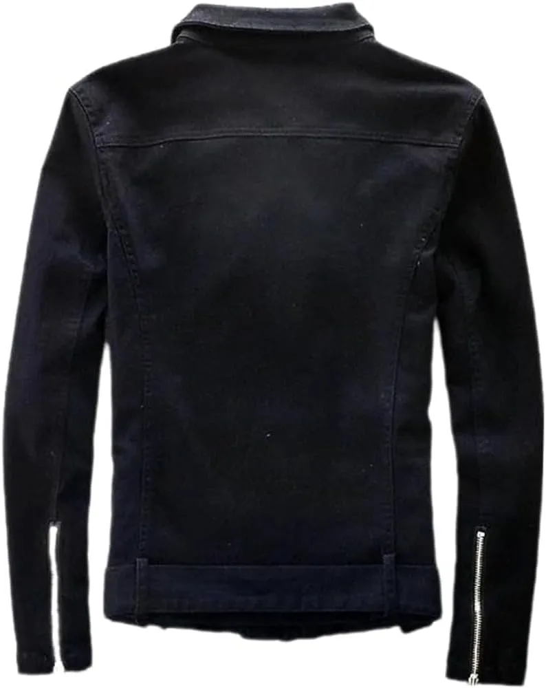 Men's Black Denim Biker Jean Jacket Classic Motorcycle Style Punk Knight Coat with Scratched Zipper Slim Fit Turn-Down Collar