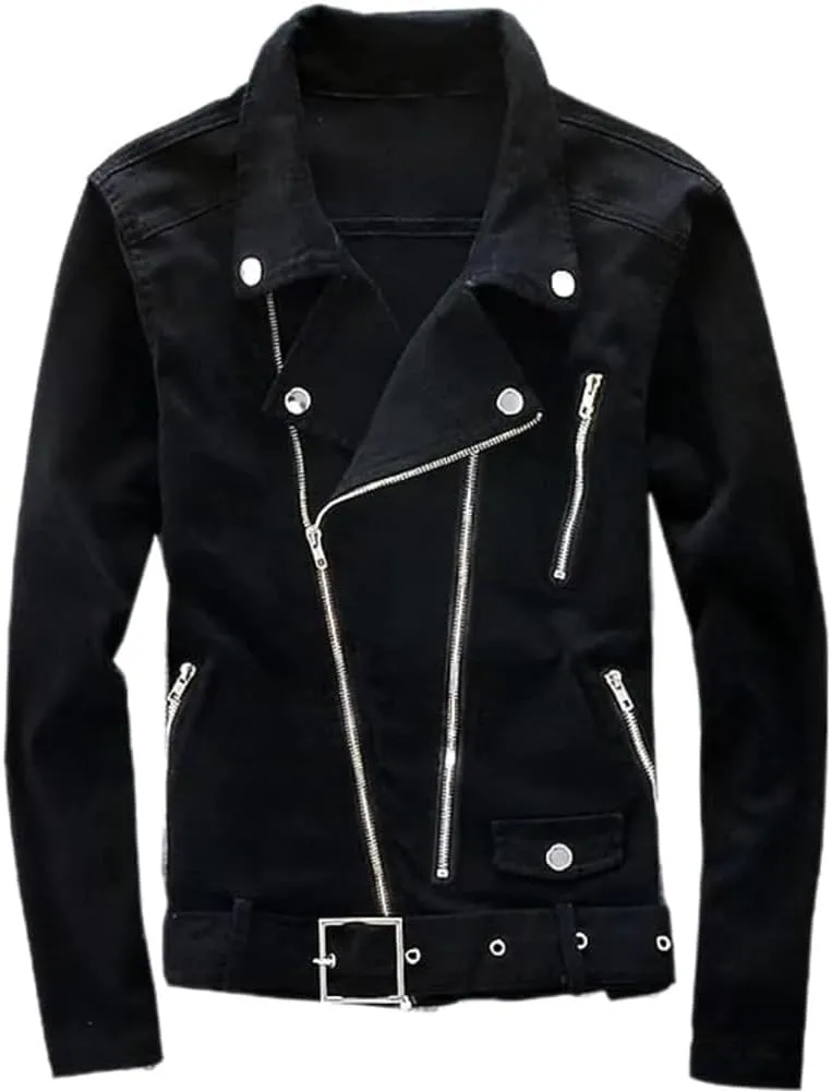 Men's Black Denim Biker Jean Jacket Classic Motorcycle Style Punk Knight Coat with Scratched Zipper Slim Fit Turn-Down Collar