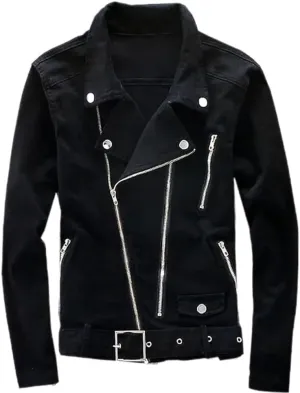 Men's Black Denim Biker Jean Jacket Classic Motorcycle Style Punk Knight Coat with Scratched Zipper Slim Fit Turn-Down Collar