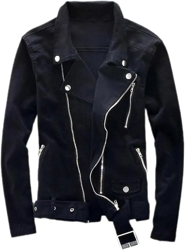 Men's Black Denim Biker Jean Jacket Classic Motorcycle Style Punk Knight Coat with Scratched Zipper Slim Fit Turn-Down Collar
