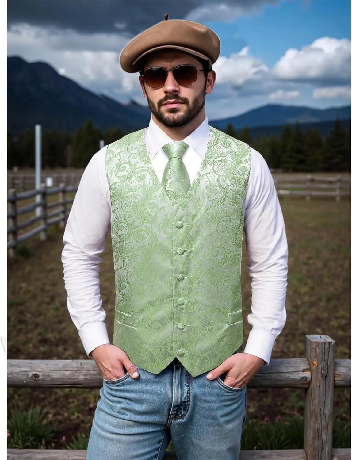 Mens Victorian Vest Tie Set Silk Paisley Suit Vests Formal Waistcoat Gothic Steampunk Vest with Notched Lapels