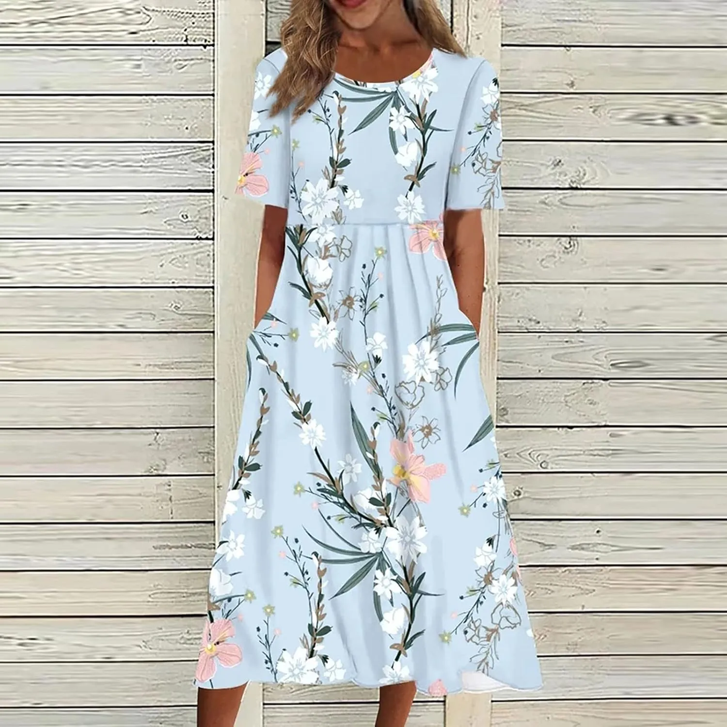 Midi Dress for Women 2025 Summer Casual Short Sleeve Floral A-Line T-Shirt Dress Midi Flowy with Pockets