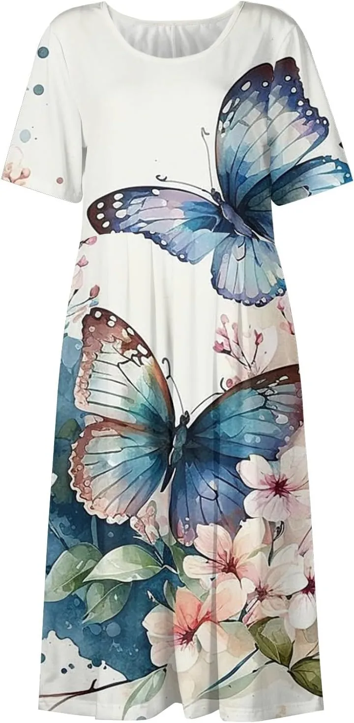 Midi Dress for Women 2025 Summer Casual Short Sleeve Floral A-Line T-Shirt Dress Midi Flowy with Pockets