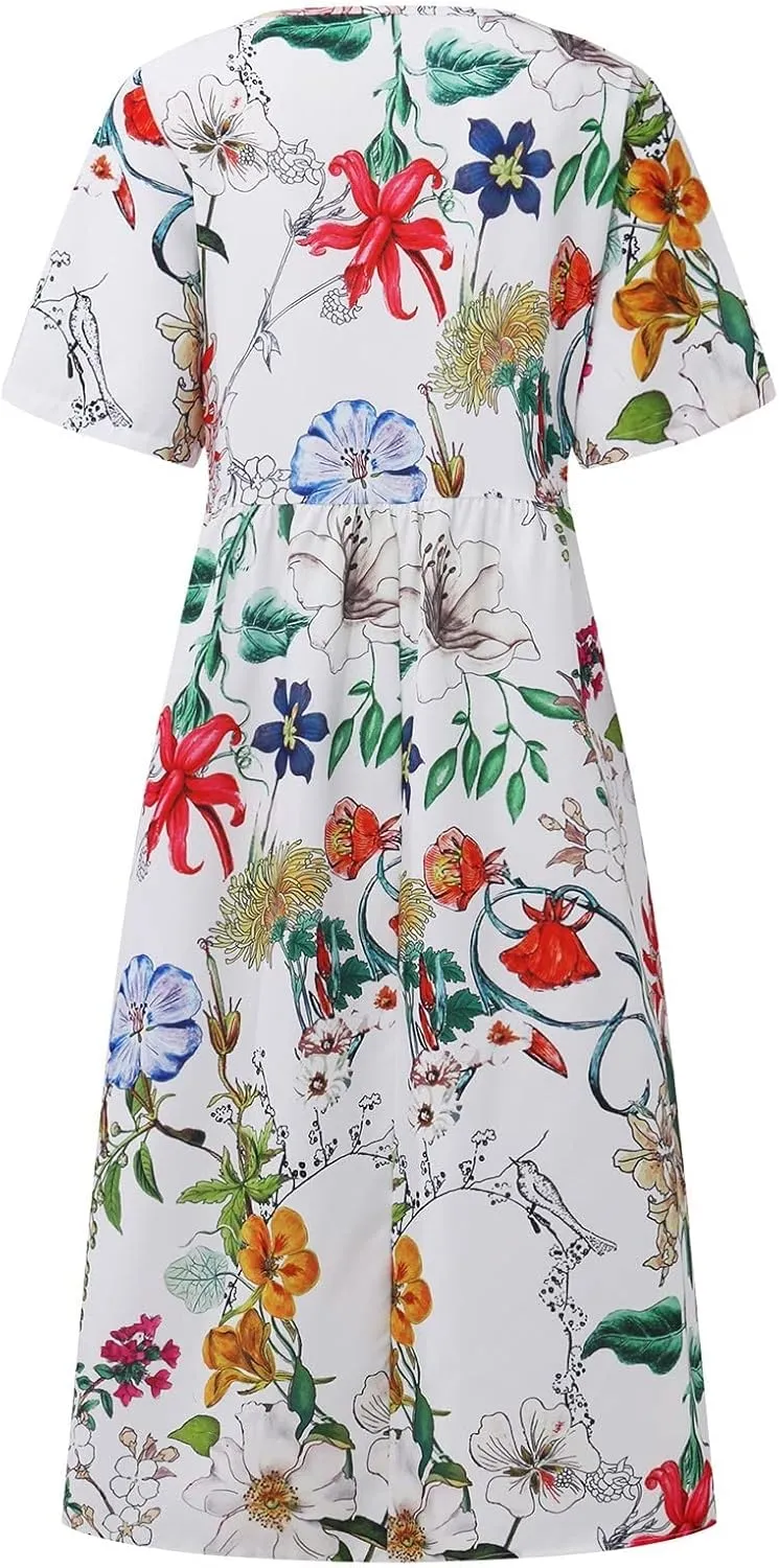 Midi Dress for Women 2025 Summer Casual Short Sleeve Floral A-Line T-Shirt Dress Midi Flowy with Pockets
