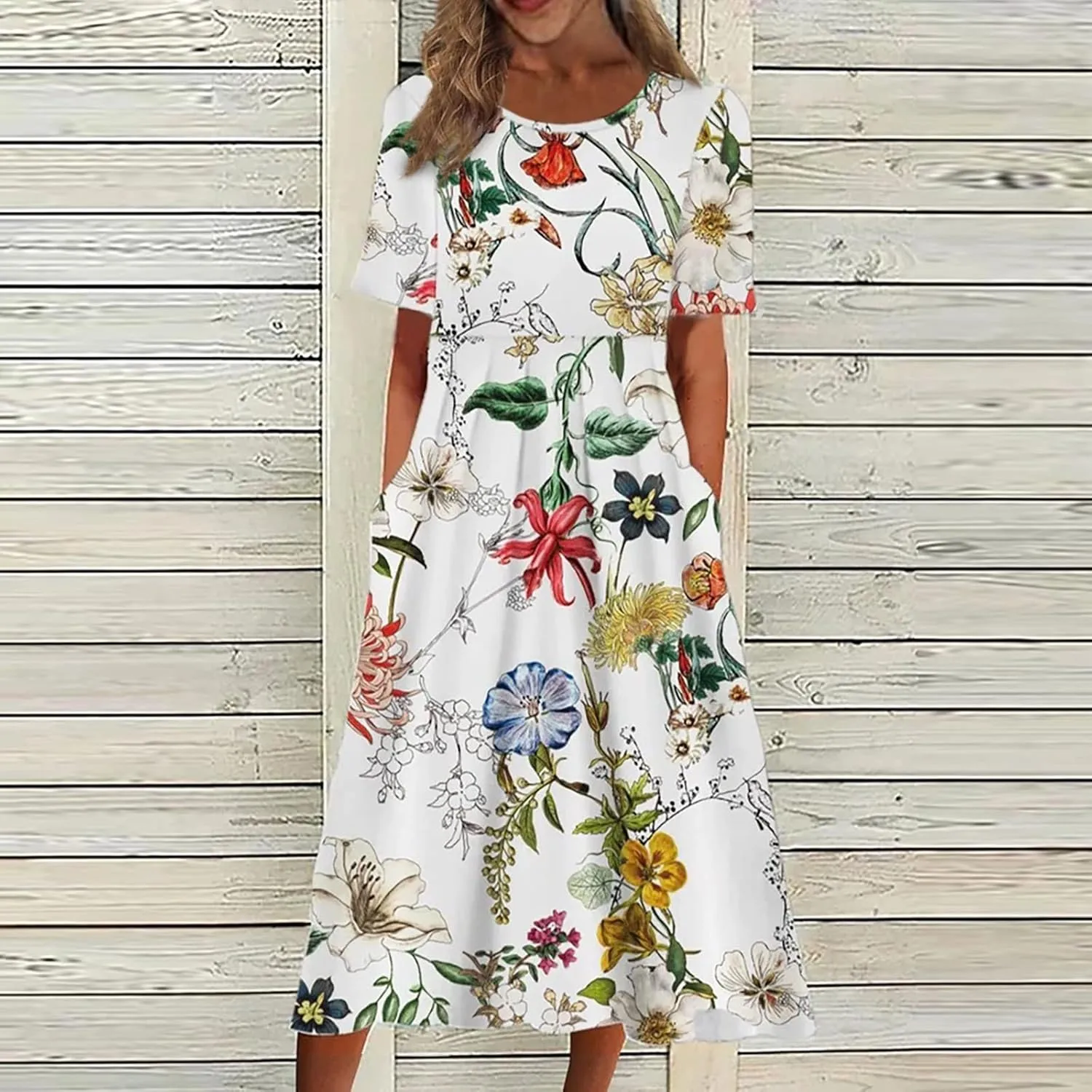 Midi Dress for Women 2025 Summer Casual Short Sleeve Floral A-Line T-Shirt Dress Midi Flowy with Pockets