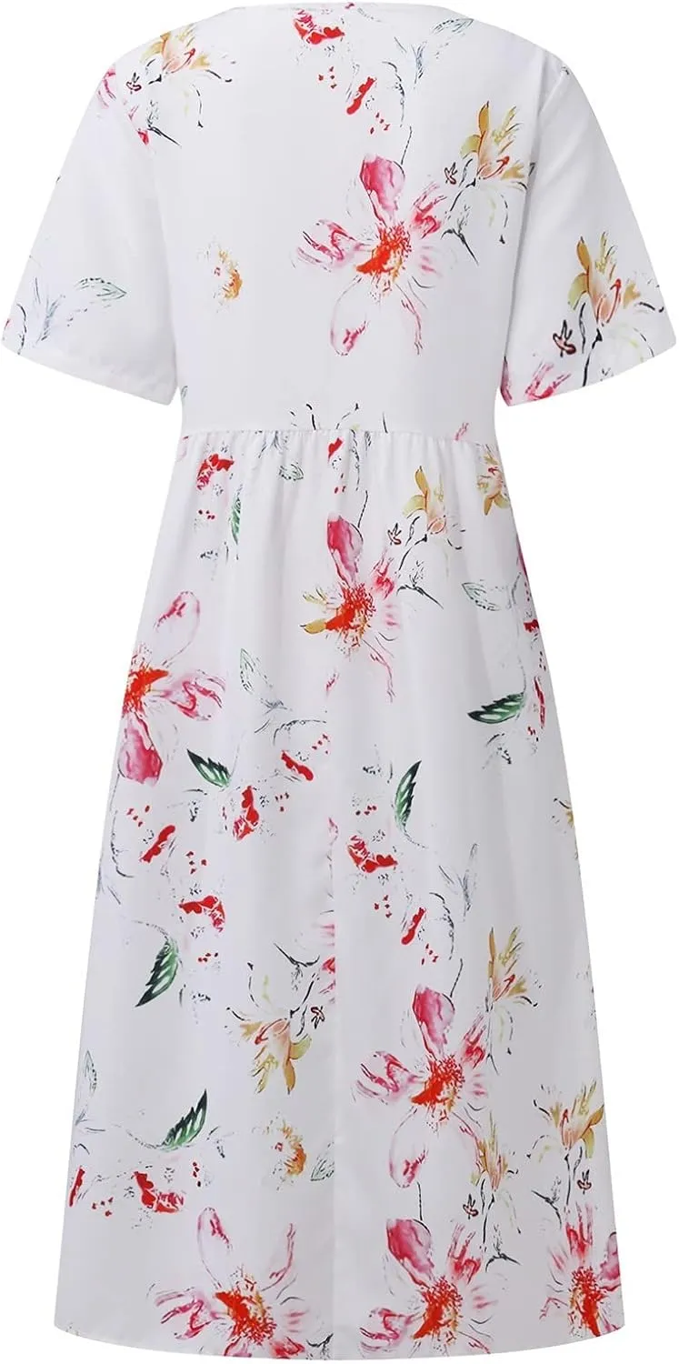 Midi Dress for Women 2025 Summer Casual Short Sleeve Floral A-Line T-Shirt Dress Midi Flowy with Pockets