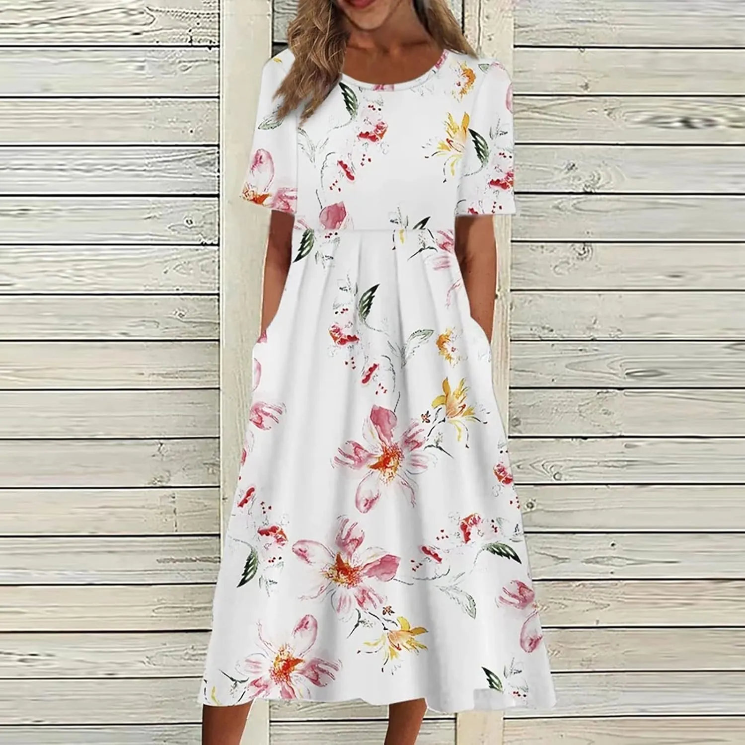 Midi Dress for Women 2025 Summer Casual Short Sleeve Floral A-Line T-Shirt Dress Midi Flowy with Pockets