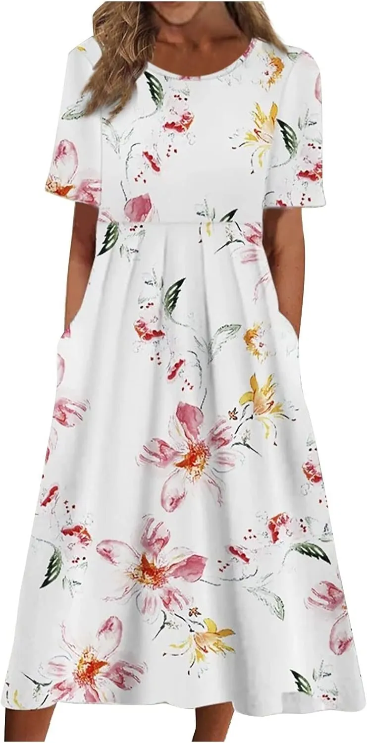 Midi Dress for Women 2025 Summer Casual Short Sleeve Floral A-Line T-Shirt Dress Midi Flowy with Pockets