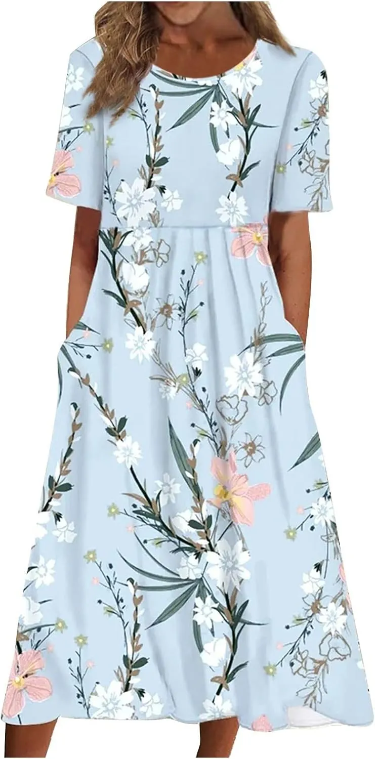 Midi Dress for Women 2025 Summer Casual Short Sleeve Floral A-Line T-Shirt Dress Midi Flowy with Pockets