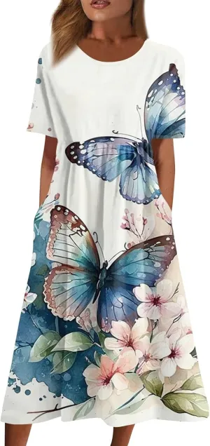 Midi Dress for Women 2025 Summer Casual Short Sleeve Floral A-Line T-Shirt Dress Midi Flowy with Pockets