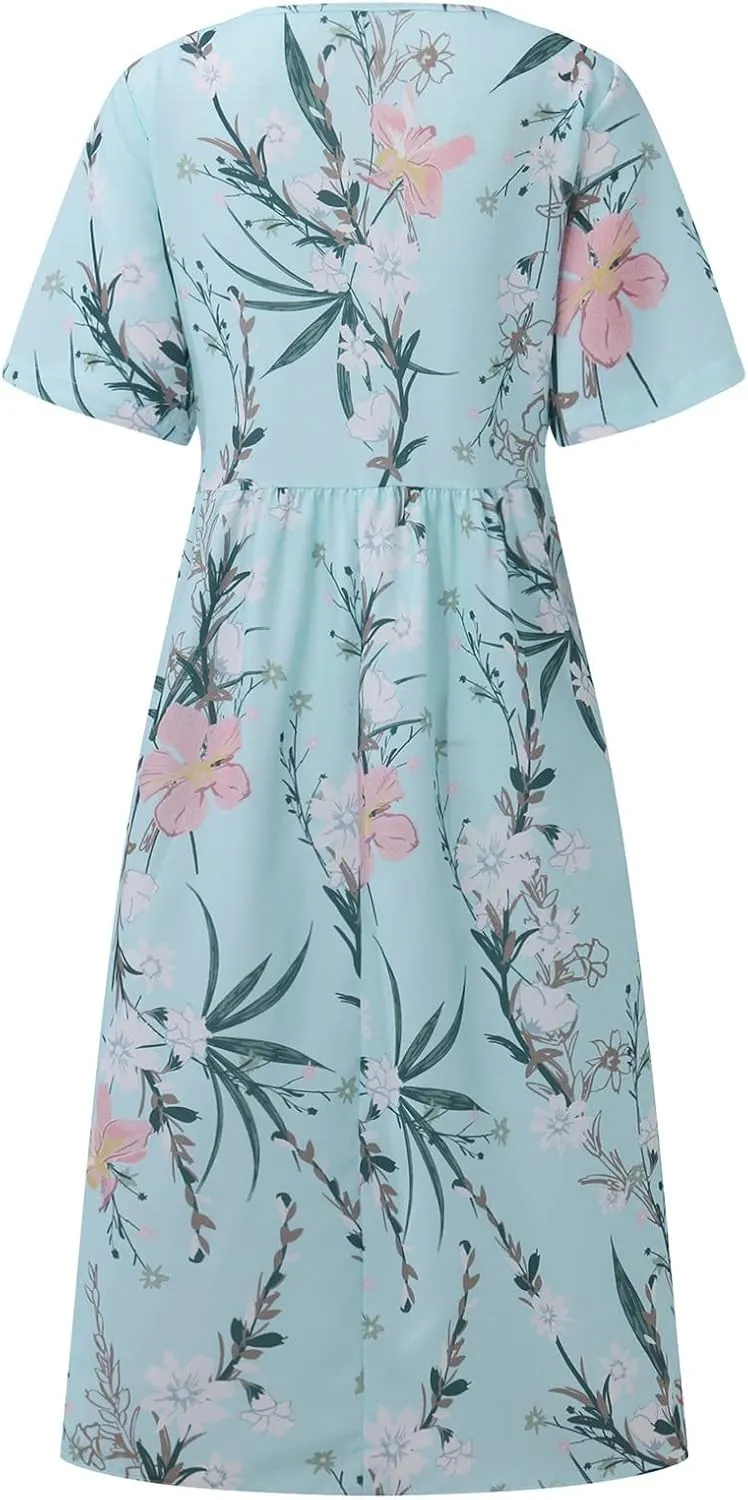 Midi Dress for Women 2025 Summer Casual Short Sleeve Floral A-Line T-Shirt Dress Midi Flowy with Pockets