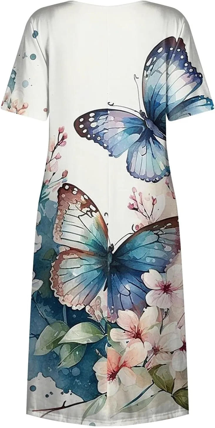 Midi Dress for Women 2025 Summer Casual Short Sleeve Floral A-Line T-Shirt Dress Midi Flowy with Pockets