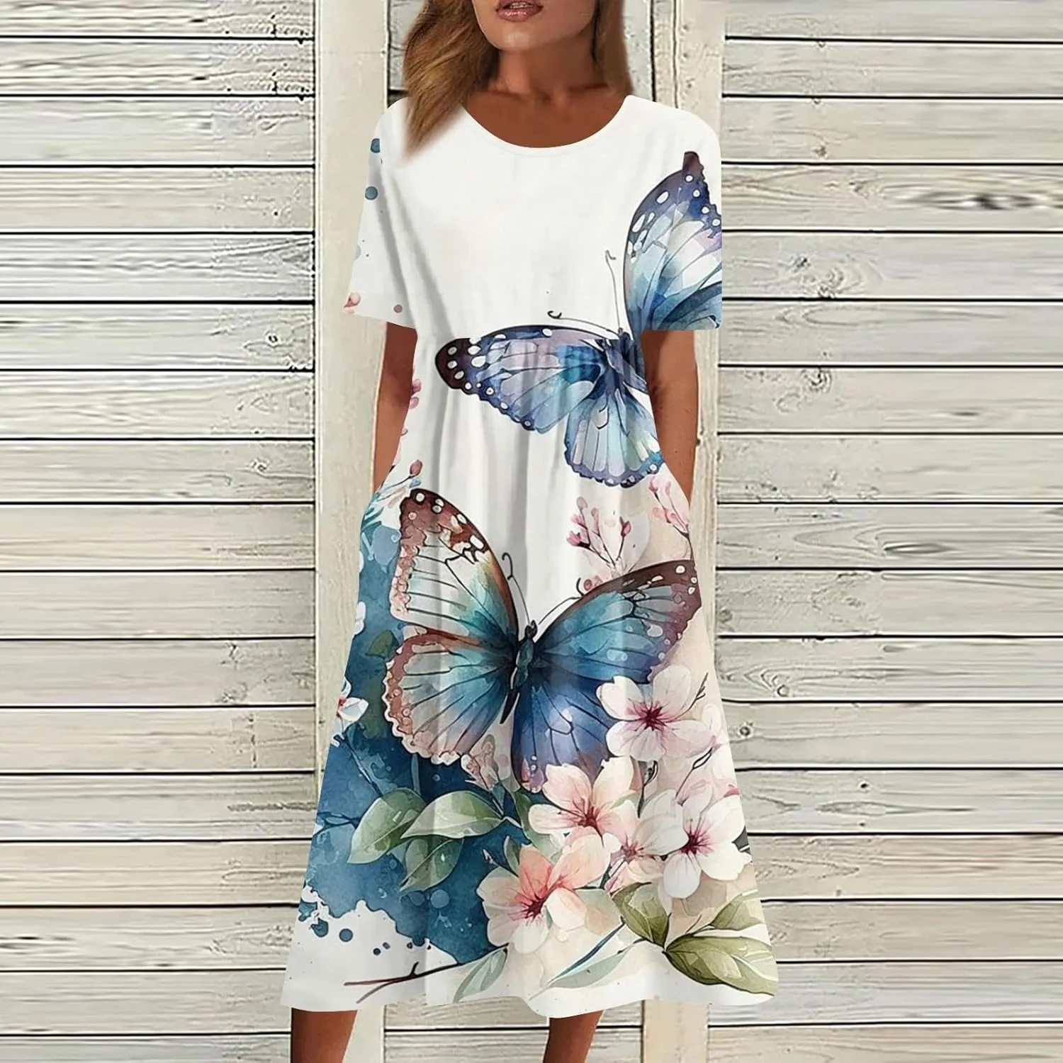 Midi Dress for Women 2025 Summer Casual Short Sleeve Floral A-Line T-Shirt Dress Midi Flowy with Pockets